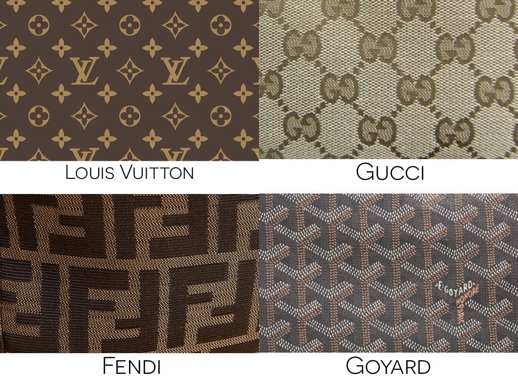 Montagem com monogramas da Louis Vuitton, Gucci, Fendi e Goyard.