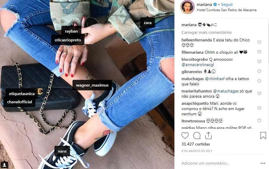 Mariana Sampaio usa bolsa Chanel em viagem ao Chile
