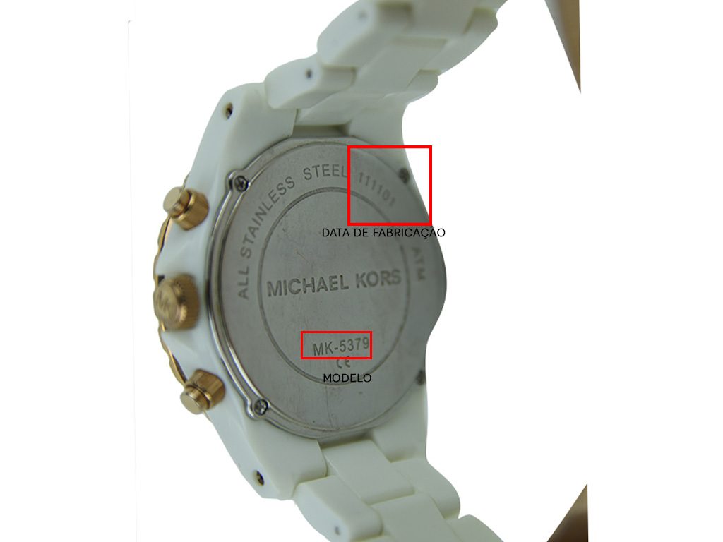 Um exemplo da parte de trás de um relógio Michael Kors MK5379 genuíno.
