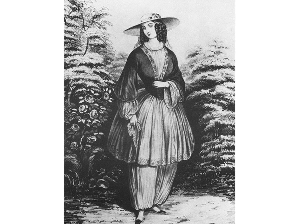 Modelo de calça "blommer" usado no final do século XIX por mulheres que desejavam praticar esportes.