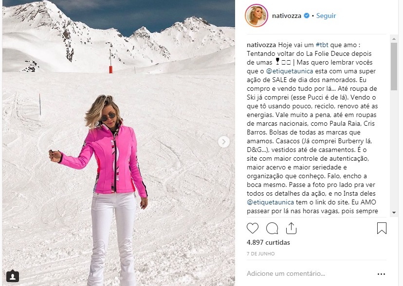 Natti Voza usa conjunto Emilio Pucci para esquiar comprado no Etiqueta Única.