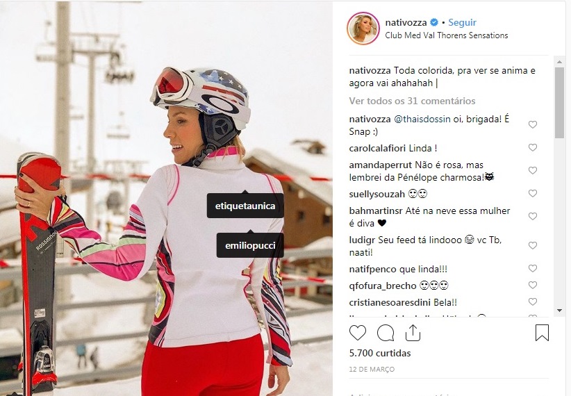 Nati Vozza usa conjunto Emilio Pucci para esquiar comprado no Etiqueta Única.