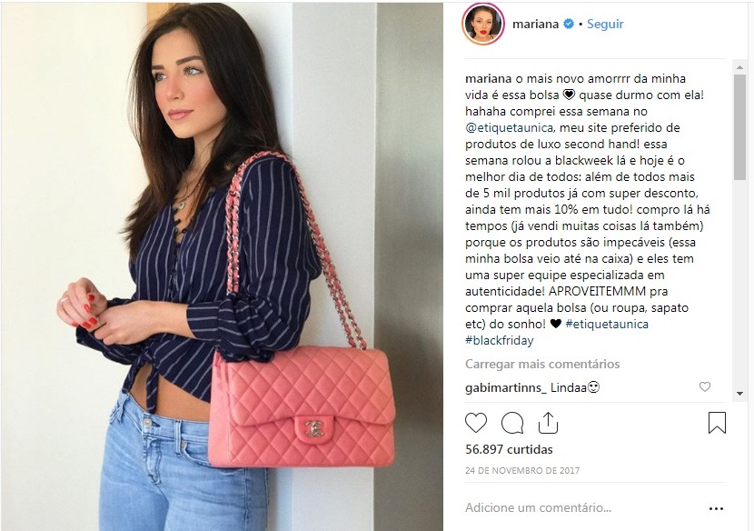 Mariana Sampaio usa bolsa Chanel comprada no Etiqueta Única