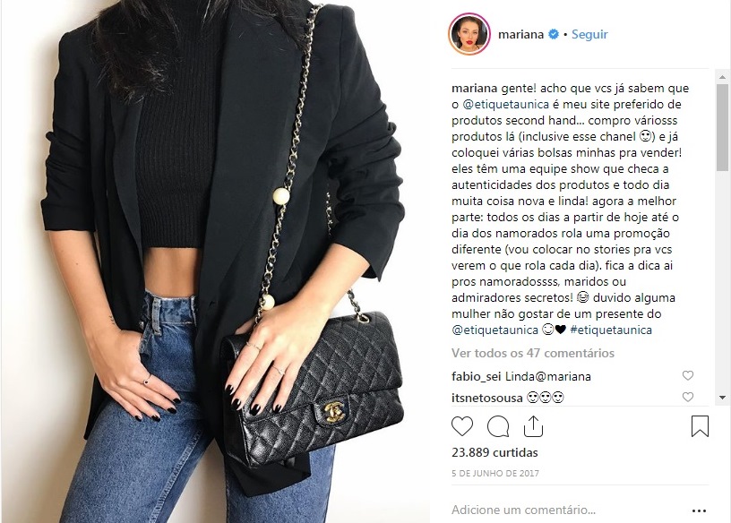 Mariana Sampaio usa bolsa Chanel comprada no Etiqueta Única.
