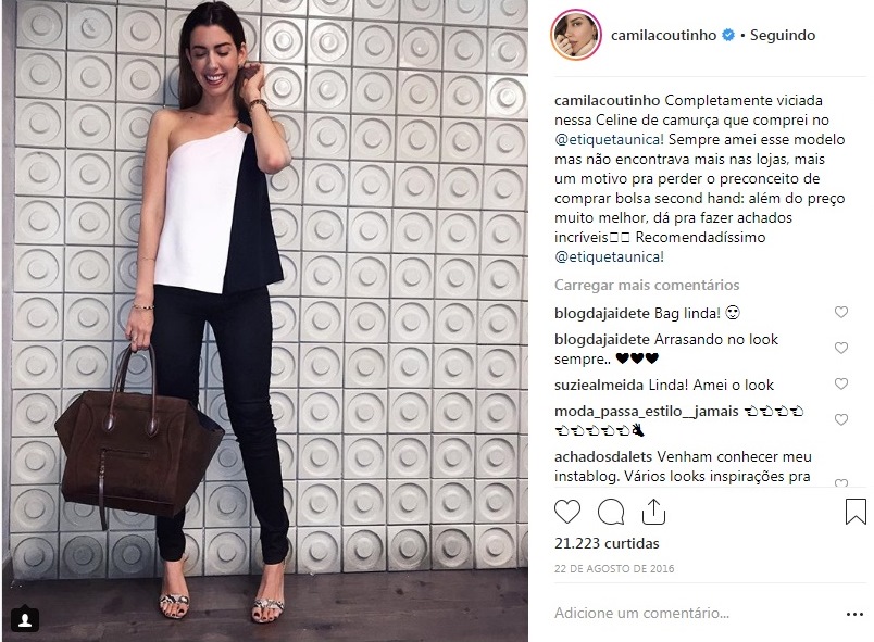 Camila Coutinho usa bolsa Céline Luggage de Camurça