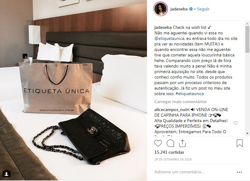 Jade Seba compra bolsa Chanel no Etiqueta Única