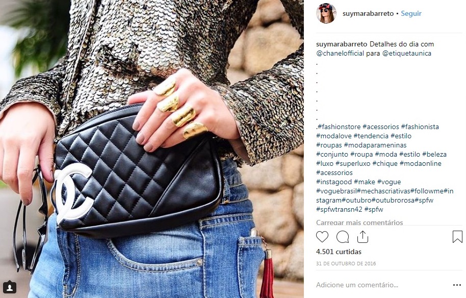 Suymara Barreto usa bolsa Chanel comprada no Etiqueta Única.