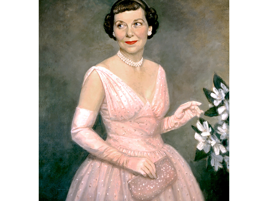 Pintura da primeira dama americana Mamie Eisenhower usando bolsa criada por Judith em 1953.