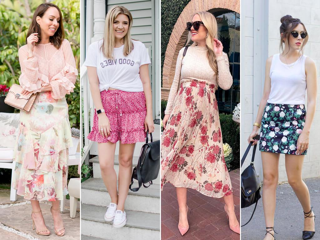 A saia com estampa floral ganha um toque delicado e refinado e é uma opção livre de erros!