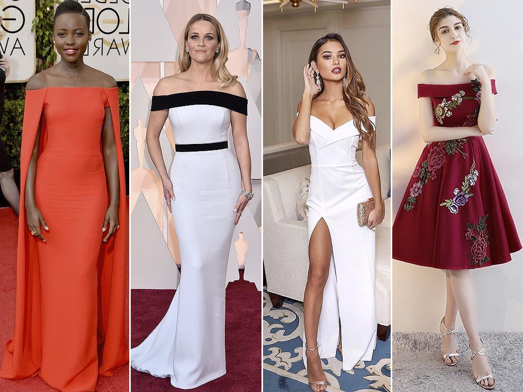 Os vestidos de festa com decote ombro a ombro são femininos, elegantes e sensuais.