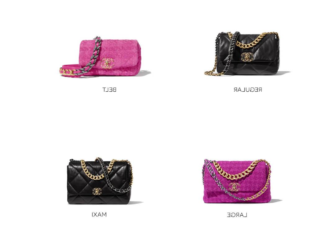 A Chanel 19 está disponível em 4 tamanhos diferentes, além de modelos em couro e tweed.