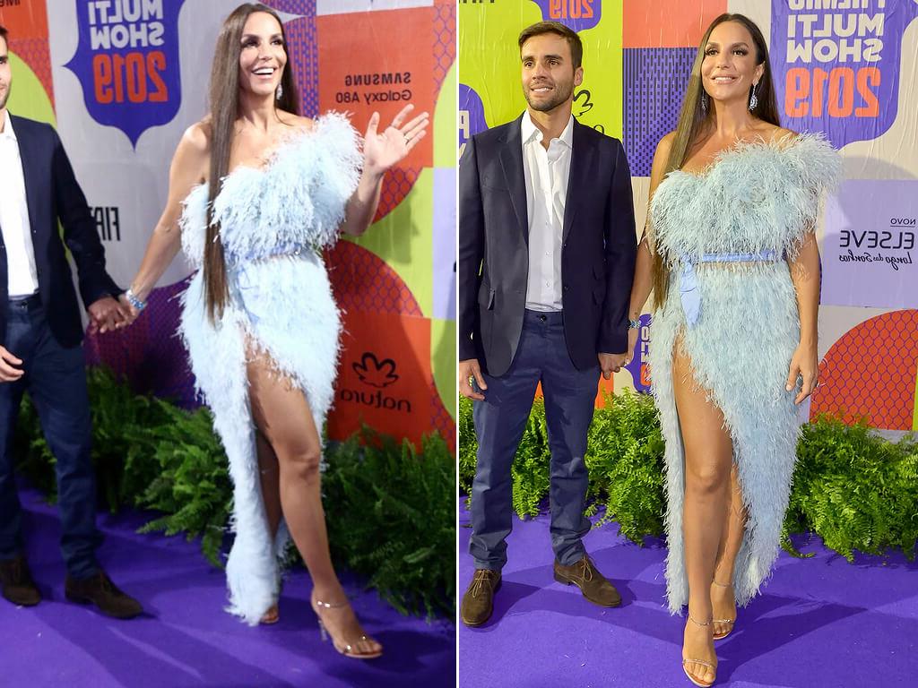 Ivete Sangalo escolheu um vestido com plumas azul da dupla Ralph & Russo.