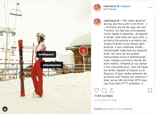 Nati Vozza usa roupa de esqui de Emilio Pucci comprada no Etiqueta Única.