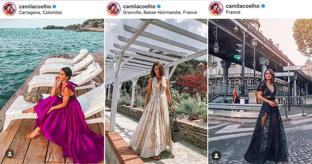 Na primeira foto, Camila veste um vestido Silvia Tcherassi em viagem à Cartagena, Colômbia. Na segunda foto, o vestido é Dior em um dia ensolarado em Granville, França. Na última foto, o cenário é Paris e o vestido preto com transparência é Valentino.