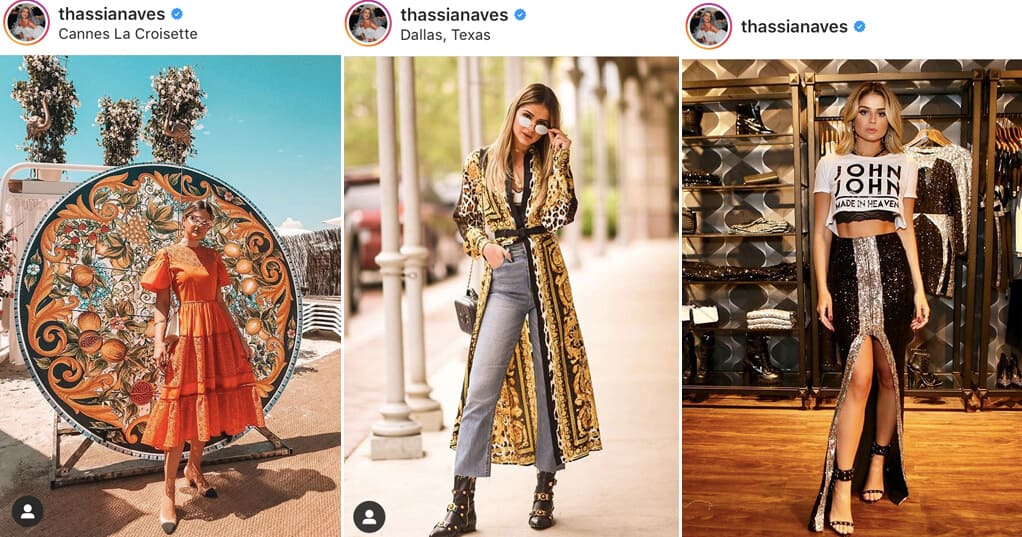 Na primeira foto, Thássia veste um vestido Fendi. Na segunda, foto a influencer veste um look Versace e na última a produção super estilosa fica por conta da John John.