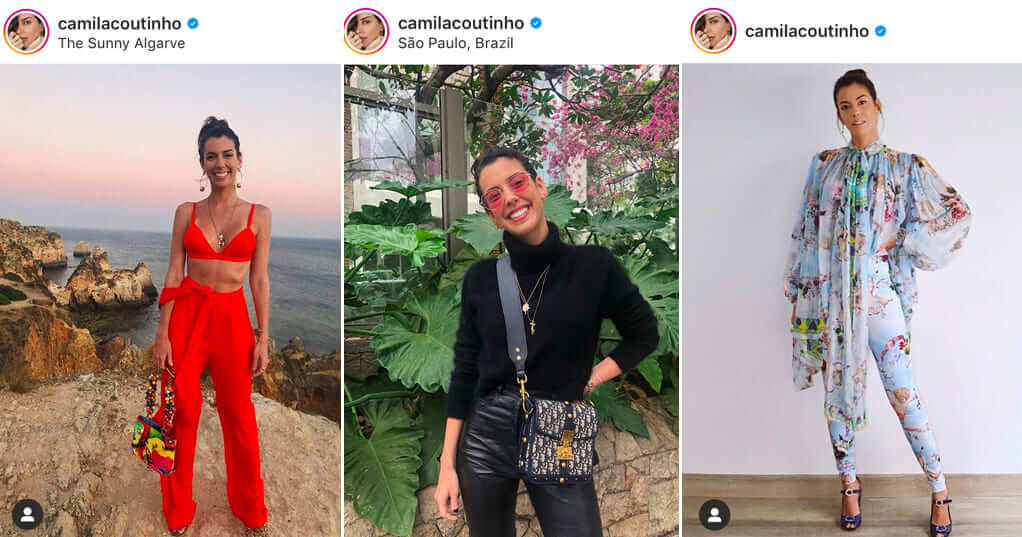 Sempre com muito estilo, na primeira foto em viagem a Algarve, Portugal, Camila usa bolsa Versace. Na segunda foto, a influencer usa look Bo.bô e bolsa Dior. A última foto é uma produção Dolce & Gabbana para a Bienal do livro em São Paulo, onde ela falou sobre seu livro.