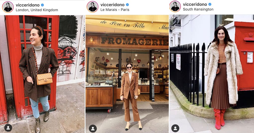 Vic Ceridono sempre compõe seus looks com acessórios ou detalhes vintage e cria looks high-low que vão de Chanel a Zara com escolhas autênticas e ousadas.