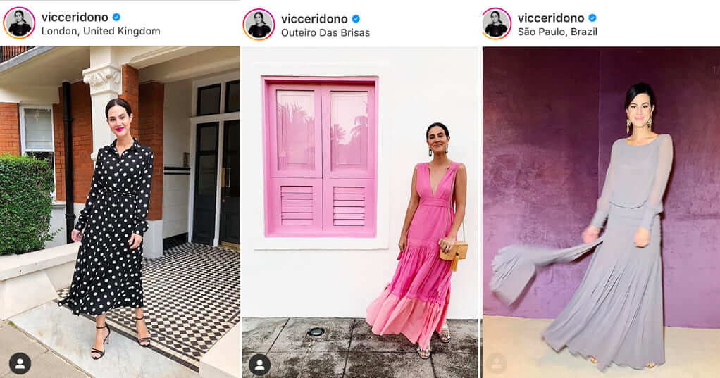Dentre as escolhas de Vic, vestidos fluídos de comprimento longo e midi são os mais vistos em seu instagram. Quanto as cores, os tons pastel se fazem mais presentes nos looks, mas estampas e tons fortes compõem os looks mais ousados da blogger.