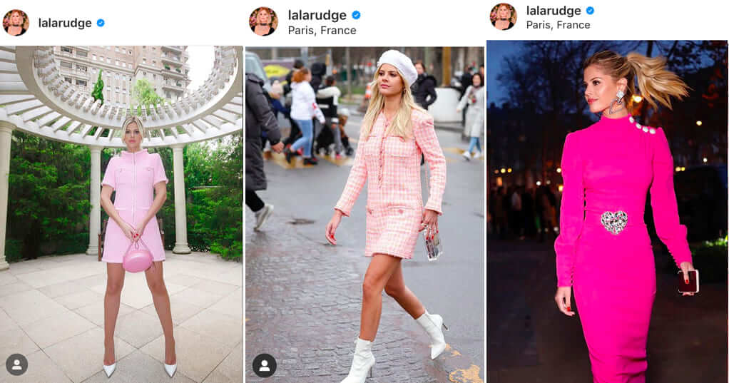 Com estilo girly, Lalá sempre usa as grandes marcas de luxo como Chanel, Balmain e Alessandra Rich. Em tons pastel ou fortes, Lala usa bastante rosa e peças com modelagem femininas
