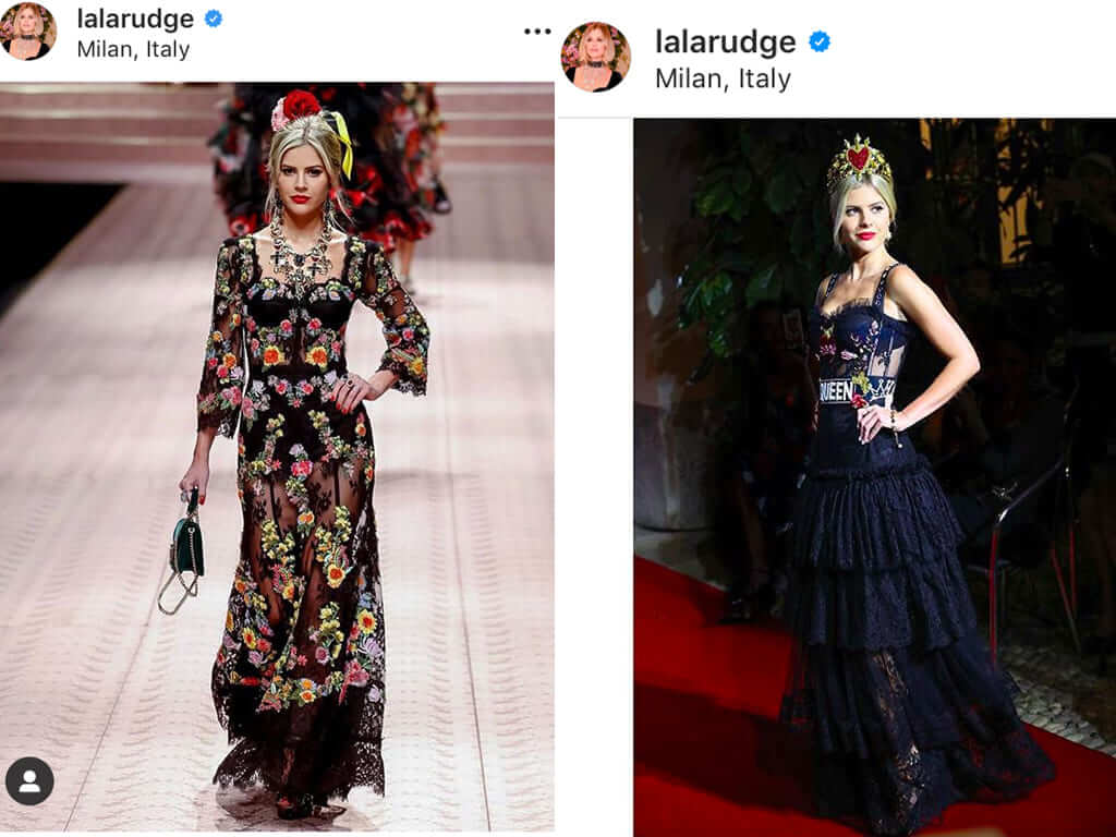 Lalá Rudge em desfiles da marca italiana Dolce & Gabbana.