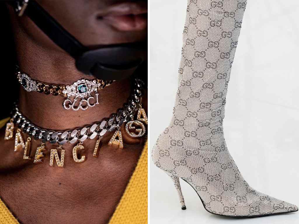 As correntes e logomania foram algumas das tendências que apareceram na coleção em parceria entre a Gucci e a Balenciaga. (Fotos: Reprodução/Instagram @threadsstyling.)